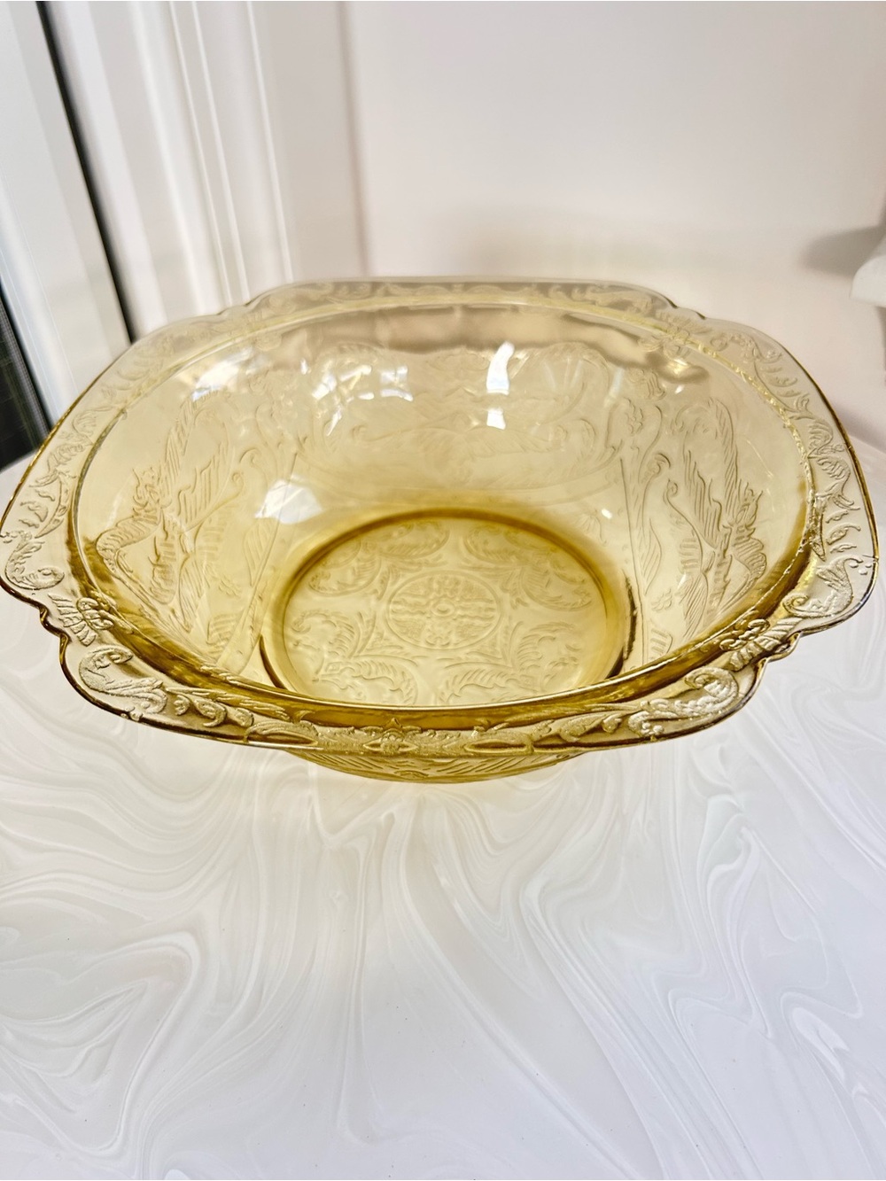 Vintage Federal Madrid Amber Depression Glass Serving Bowl 9.5”